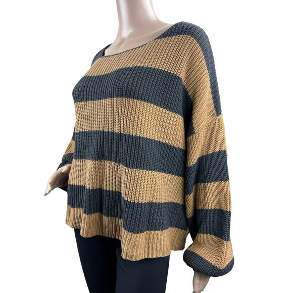New Fantastic Fawn Women Brown Black Stripes Knitted Pullover Cropped Sweater M - Picture 2 of 5